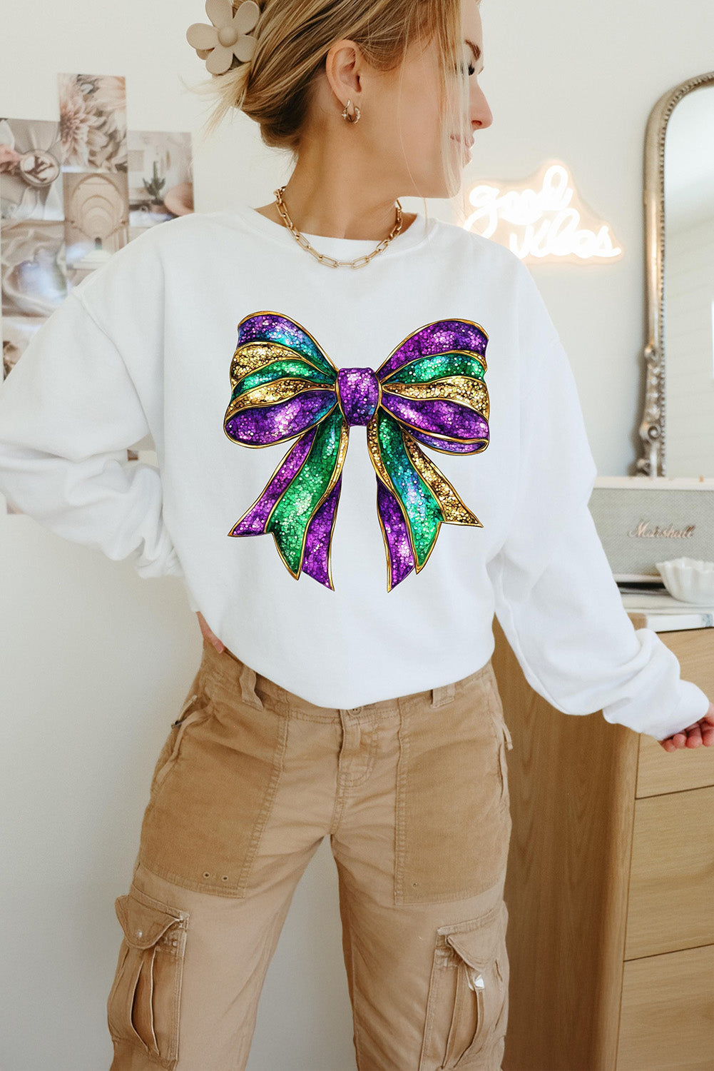 White Mardi Gras Bow Graphic Drop Shoulder Sweatshirt Graphic Sweatshirts JT's Designer Fashion