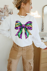 White Mardi Gras Bow Graphic Drop Shoulder Sweatshirt Graphic Sweatshirts JT's Designer Fashion