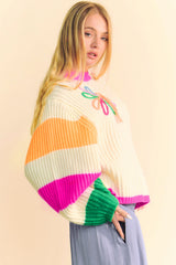Beige Colorblock Flower Print Cable Knit Loose Sweater Sweaters JT's Designer Fashion