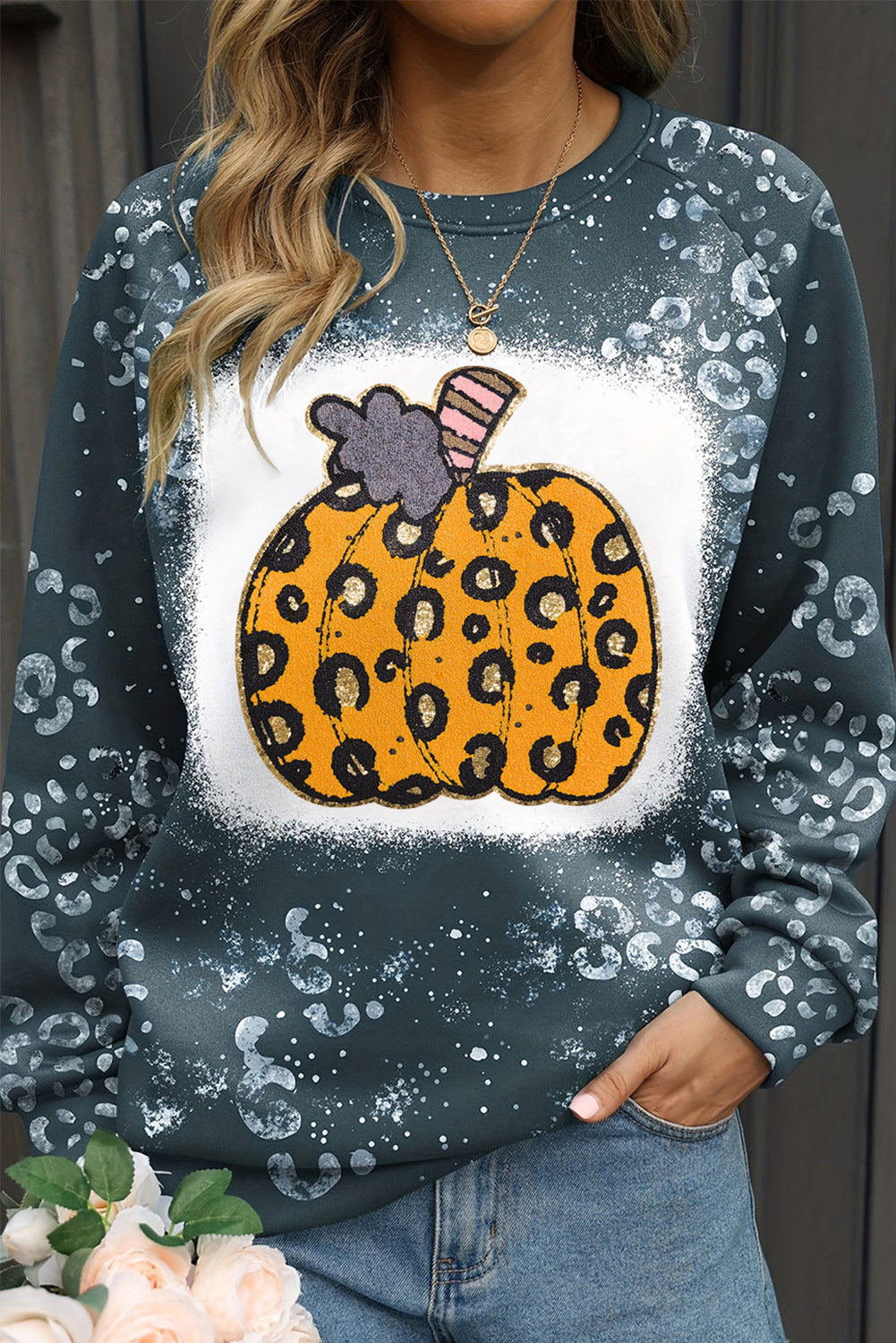 Blue Leopard Pumpkin Ink Plash Printed Halloween Sweatshirt Blue 95%Polyester+5%Elastane Graphic Sweatshirts JT's Designer Fashion
