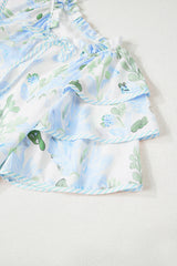 Sky Blue Floral Contrast Edge Layered Short Sleeve Mini Dress Floral Dresses JT's Designer Fashion
