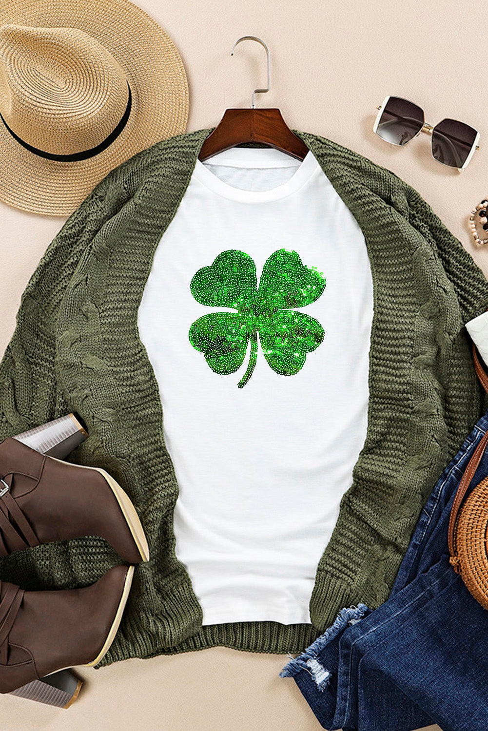 White Sequin Clover Patch Graphic St Patrick Fashion Tee Graphic Tees JT's Designer Fashion