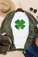 White Sequin Clover Patch Graphic St Patrick Fashion Tee Graphic Tees JT's Designer Fashion