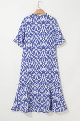 Sky Blue Geometric Print V Neck Casual Long Dress Maxi Dresses JT's Designer Fashion