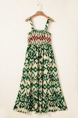 Green Western Aztec Shirred A-line Sleeveless Long Dress Maxi Dresses JT's Designer Fashion