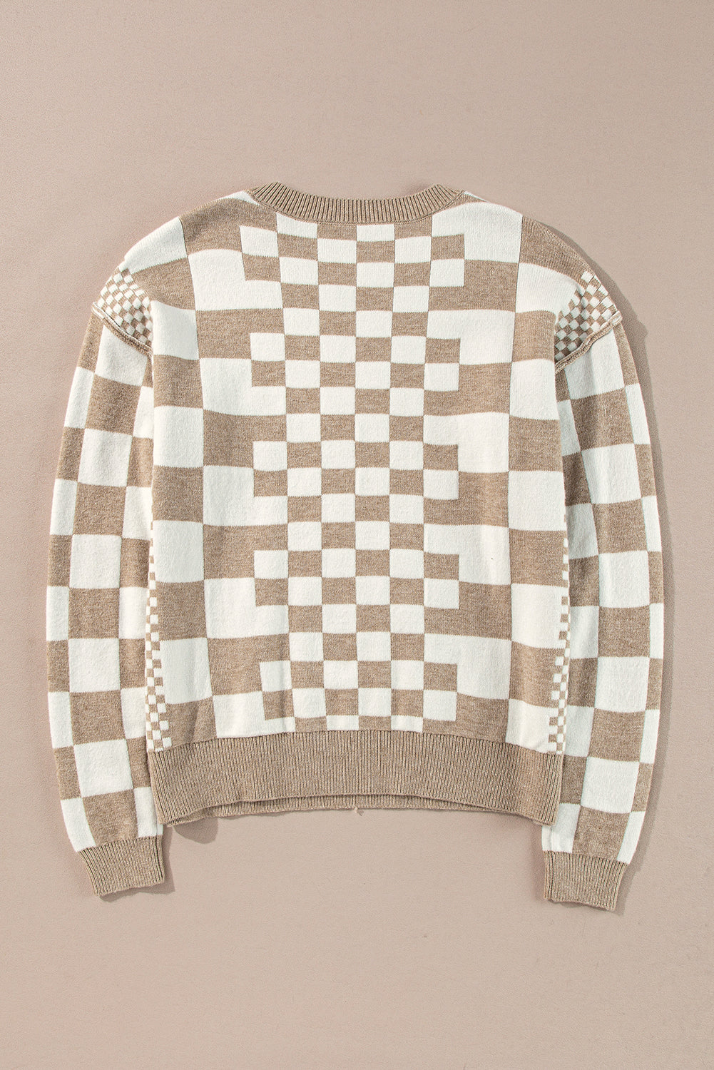 Khaki Checkered Print Drop Shoulder Round Neck Sweater Sweaters JT's Designer Fashion