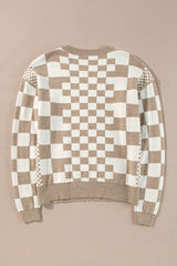 Khaki Checkered Print Drop Shoulder Round Neck Sweater Sweaters JT's Designer Fashion