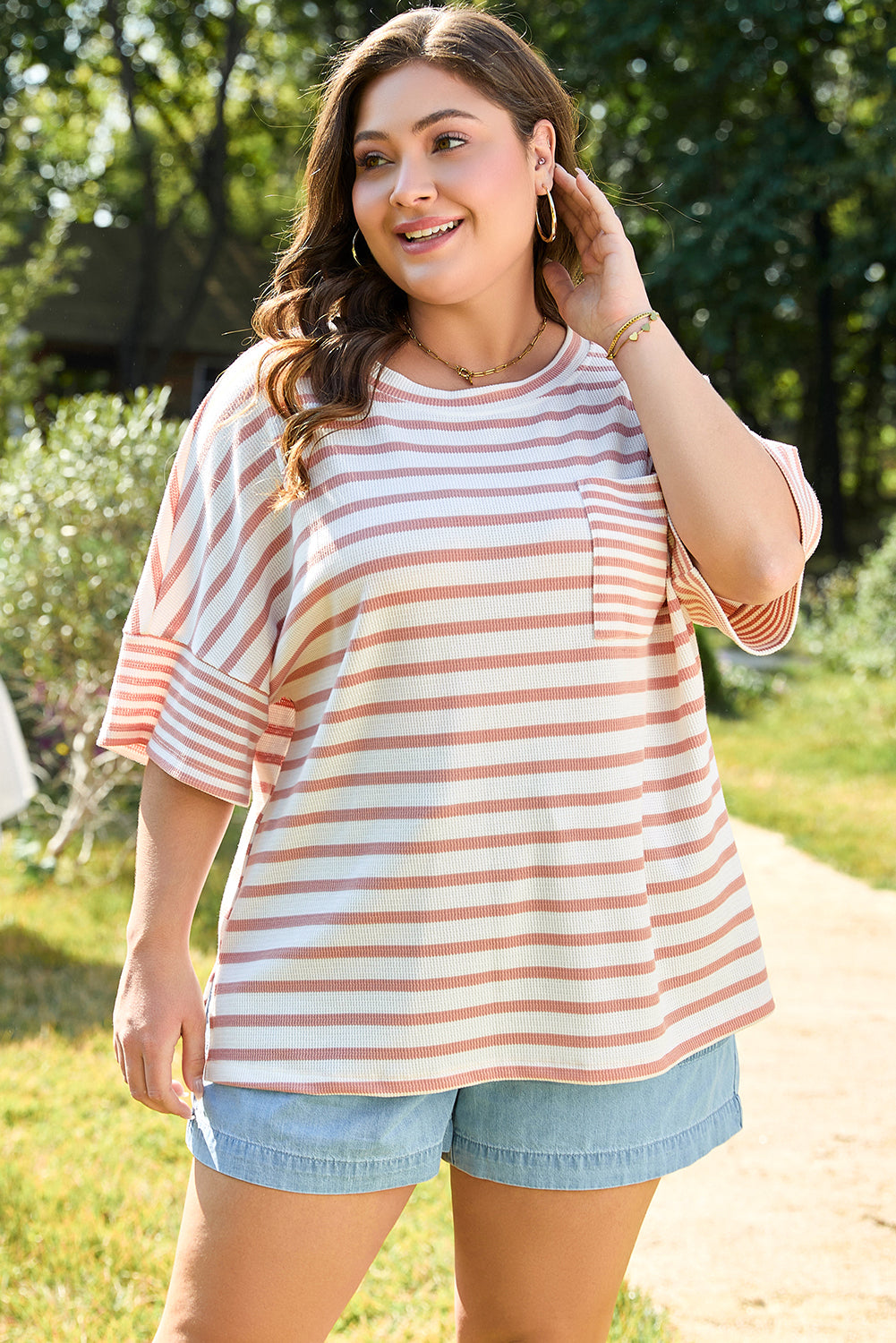 Pink Stripe Waffle Knit Pocketed Half Sleeve Plus Size T Shirt Plus Size Tops & Tees JT's Designer Fashion