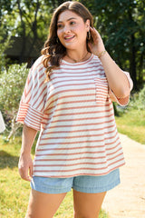 Pink Stripe Waffle Knit Pocketed Half Sleeve Plus Size T Shirt Plus Size Tops & Tees JT's Designer Fashion