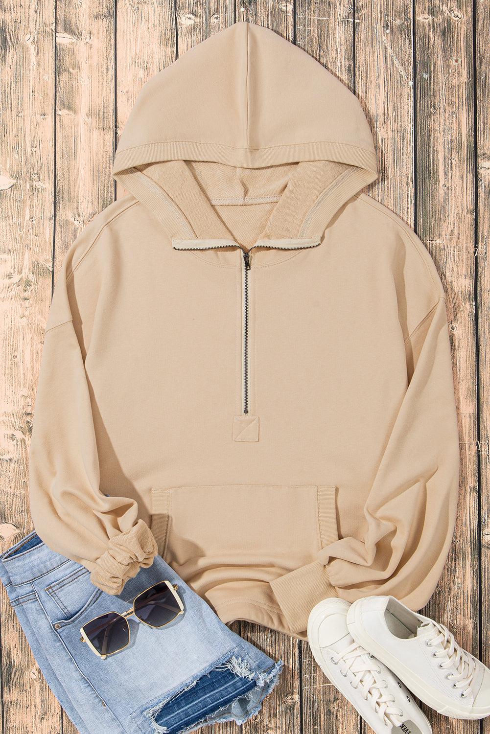 Parchment Solid Kangaroo Pocket Half Zipper Oversized Hoodie Sweatshirts & Hoodies JT's Designer Fashion