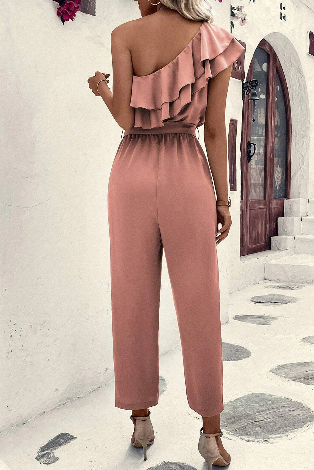 Dusty Pink One Shoulder Ruffle Trim Belted Jumpsuit Bottoms JT's Designer Fashion