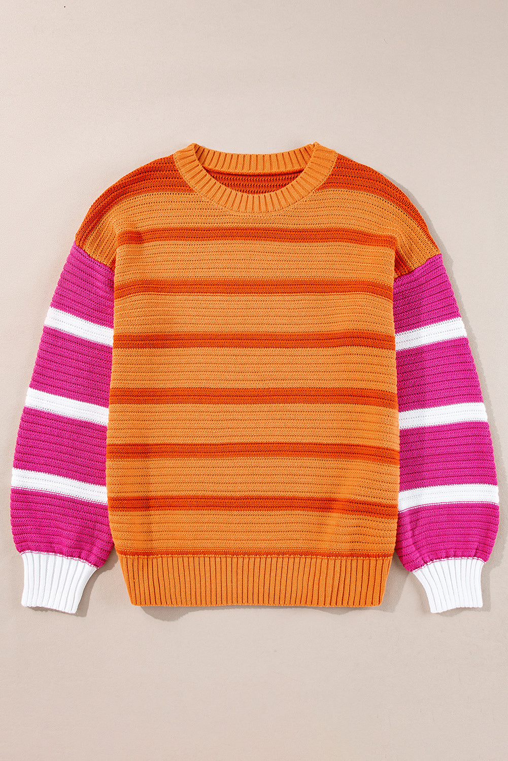 Orange Stripe Colorblock Crew Neck Drop Shoulder Loose Sweater Sweaters JT's Designer Fashion