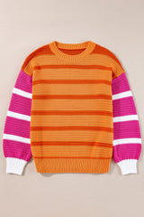 Orange Stripe Colorblock Crew Neck Drop Shoulder Loose Sweater Sweaters JT's Designer Fashion