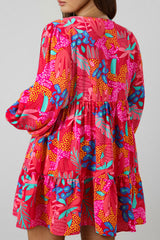 Rose Tropical Printed Lantern Sleeve V Neck Ruffled Plus Size Mini Dress Plus Size Mini Dresses JT's Designer Fashion