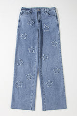 Dusk Blue Foiled Star Patchwork Straight Leg Loose Jeans Jeans JT's Designer Fashion