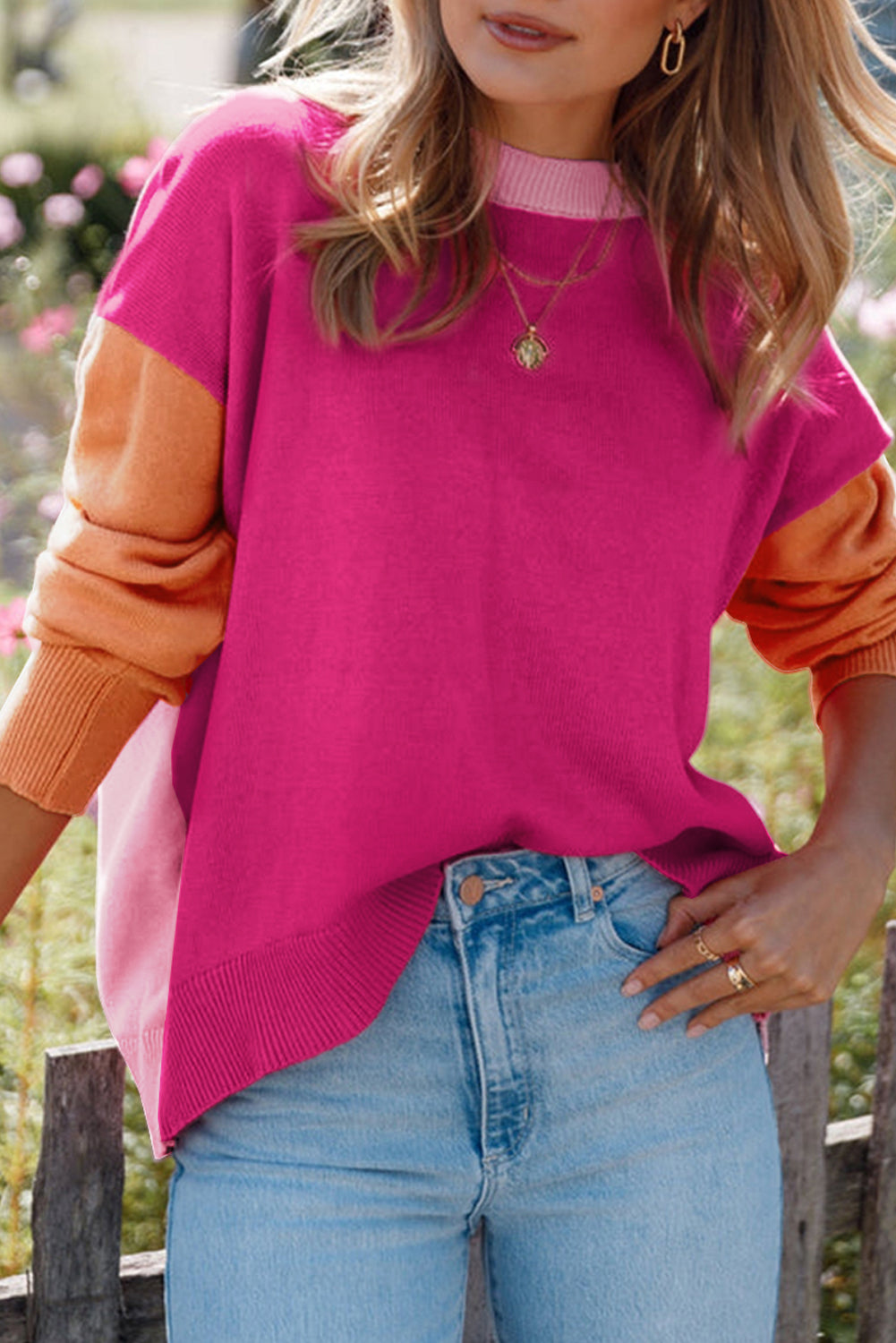 Bonbon Three Tone Contrast Round Neck Loose Sweater Sweaters JT's Designer Fashion