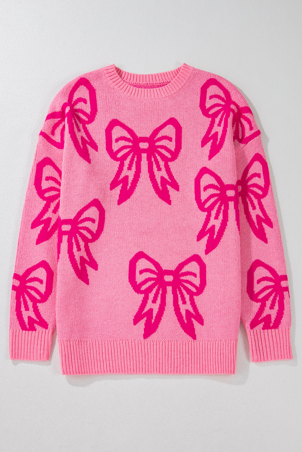Pink Bow Pattern Drop Shoulder Loose Sweater Sweaters JT's Designer Fashion