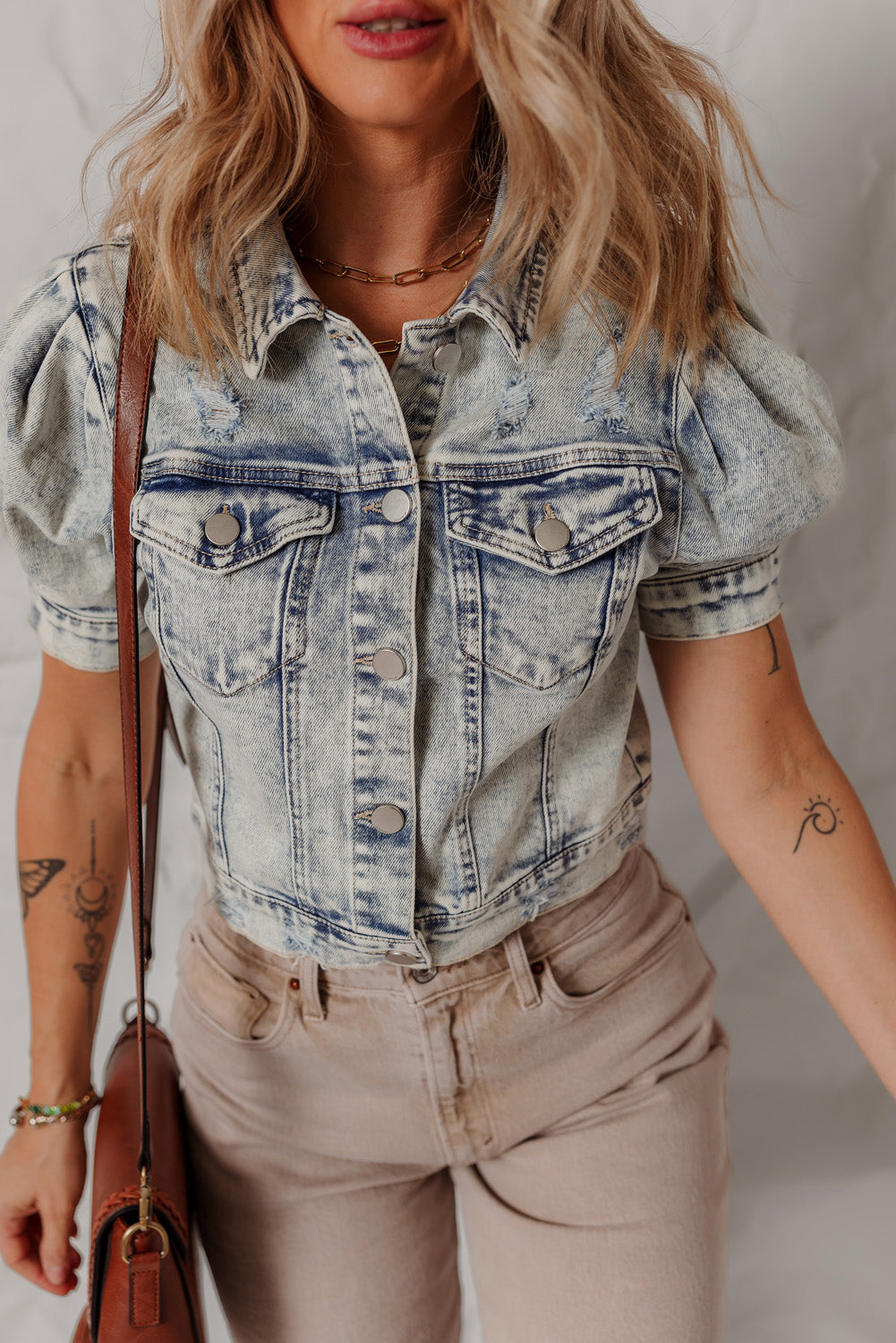 Beau Blue Light Wash Buttoned Chest Pocket Puff Sleeve Denim Jacket Denim Jackets JT's Designer Fashion