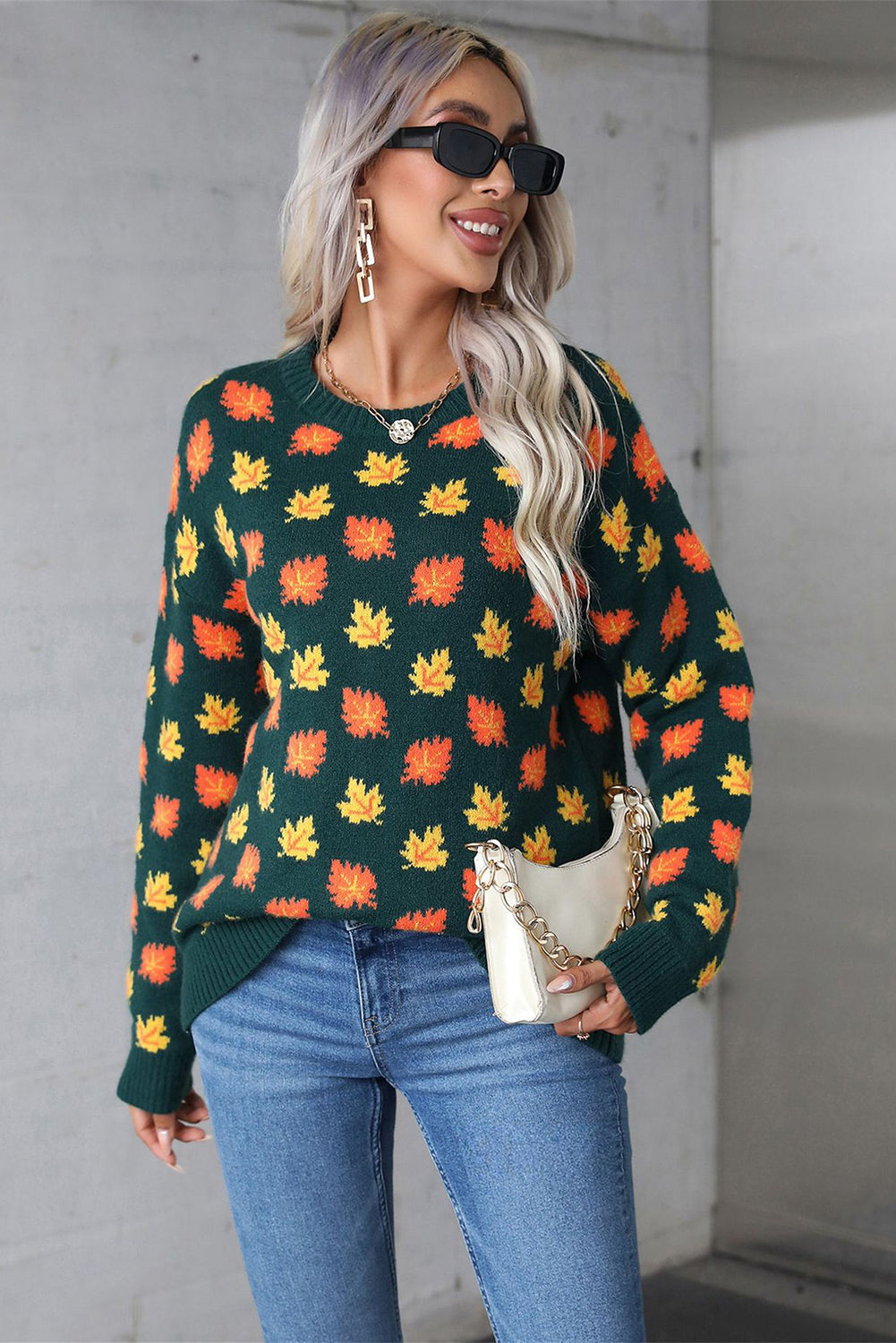 Blackish Green Fall Leaves Pattern Crew Neck Sweater Sweaters JT's Designer Fashion