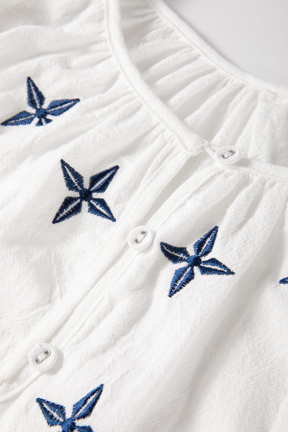 White Geometric Embroidered Long Sleeve Buttoned Blouse Blouses & Shirts JT's Designer Fashion