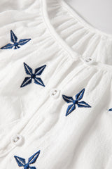 White Geometric Embroidered Long Sleeve Buttoned Blouse Blouses & Shirts JT's Designer Fashion