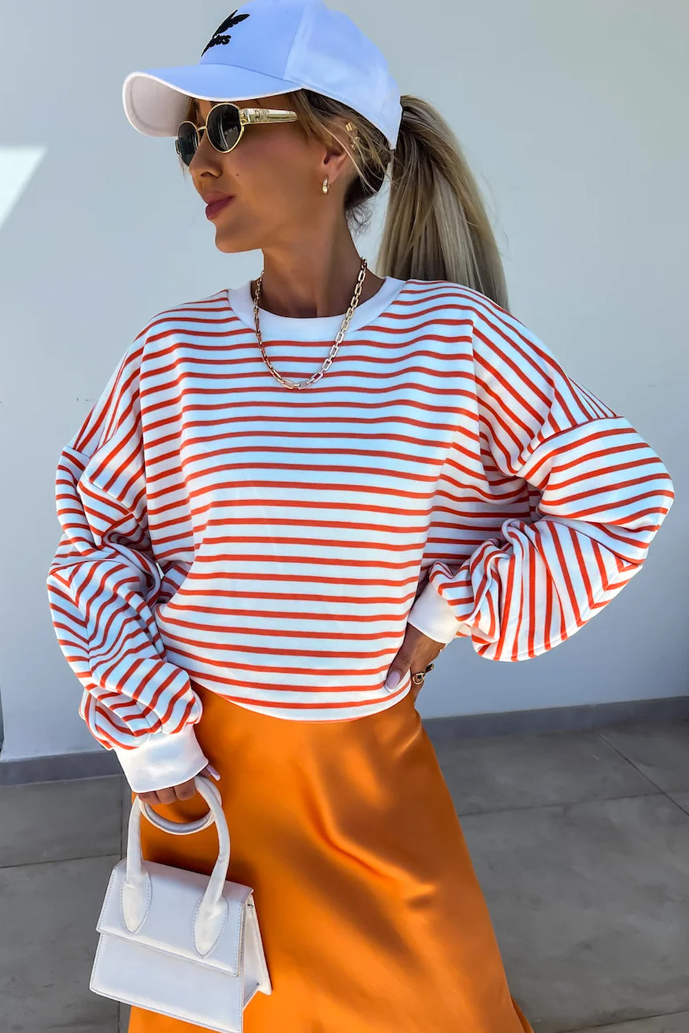 Orange Stripe Drop Shoulder Crew Neck Loose Sweatshirt Sweatshirts & Hoodies JT's Designer Fashion