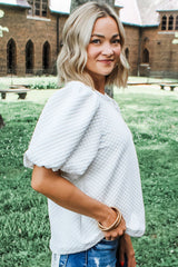 White Solid Textured O Neck Puff Sleeve Blouse Blouses & Shirts JT's Designer Fashion