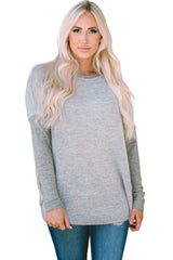 Gray Exposed Seam Patchwork Long Sleeve Top Long Sleeve Tops JT's Designer Fashion