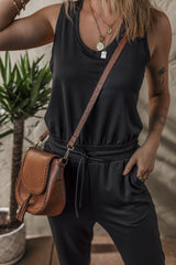 Black Casual Tank Style Tie Waist Pocketed Jogger Jumpsuit Jumpsuits & Rompers JT's Designer Fashion