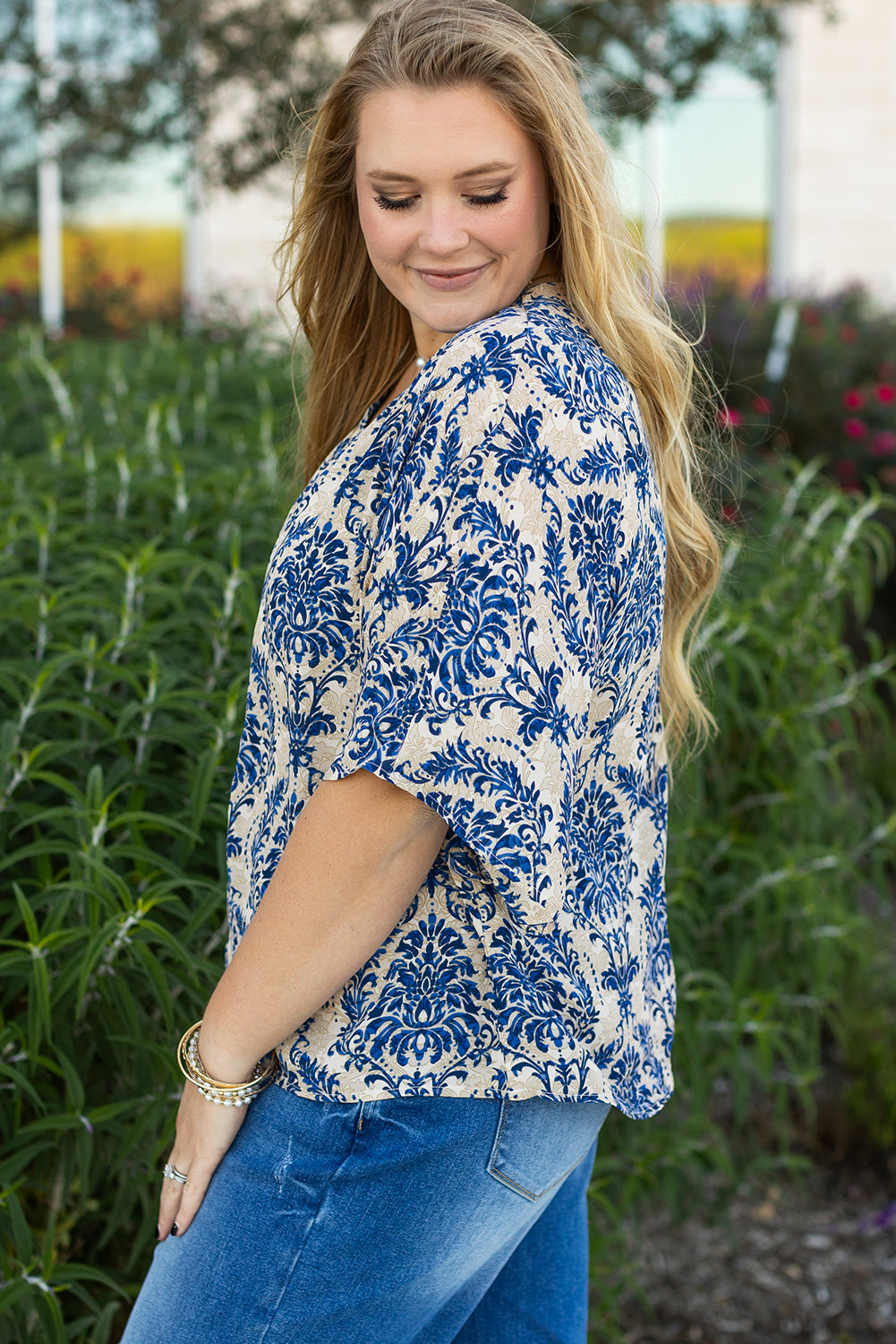 Blue Plus Size Ethnic Printed 3/4 Sleeve V Neck Loose Blouse Plus Size Blouses & Shirts JT's Designer Fashion