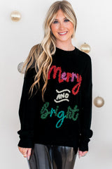 Black Tinsel Merry and Bright Graphic Christmas Sweater Sweaters JT's Designer Fashion