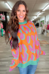 Orange Leopard Colorblock Ribbed Edge Sweater Sweaters JT's Designer Fashion