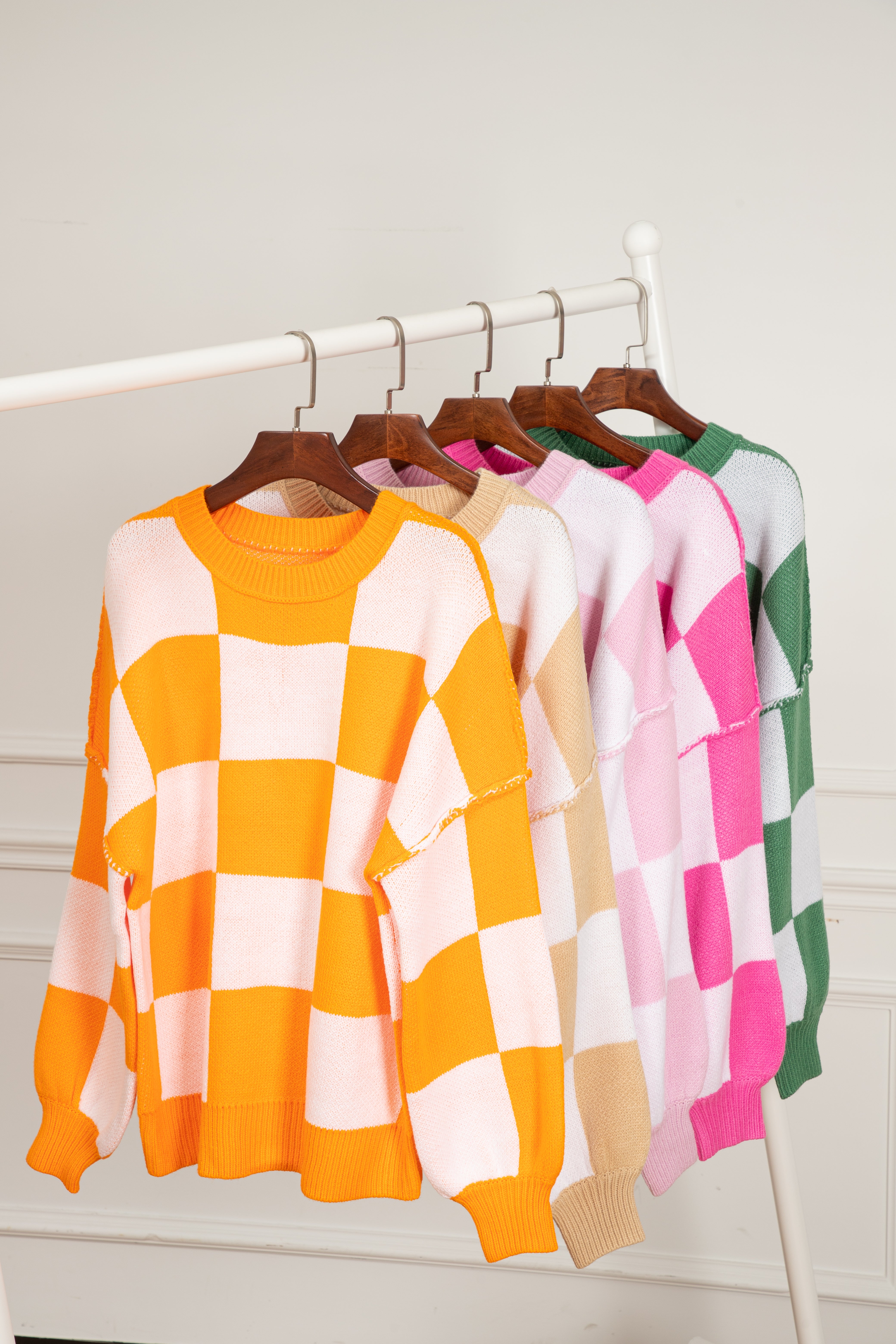 Pink Checkered Bishop Sleeve Sweater Sweaters JT's Designer Fashion