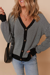 White Stripe Buttoned Front V Neck Herringbone Cardigan Cardigans JT's Designer Fashion