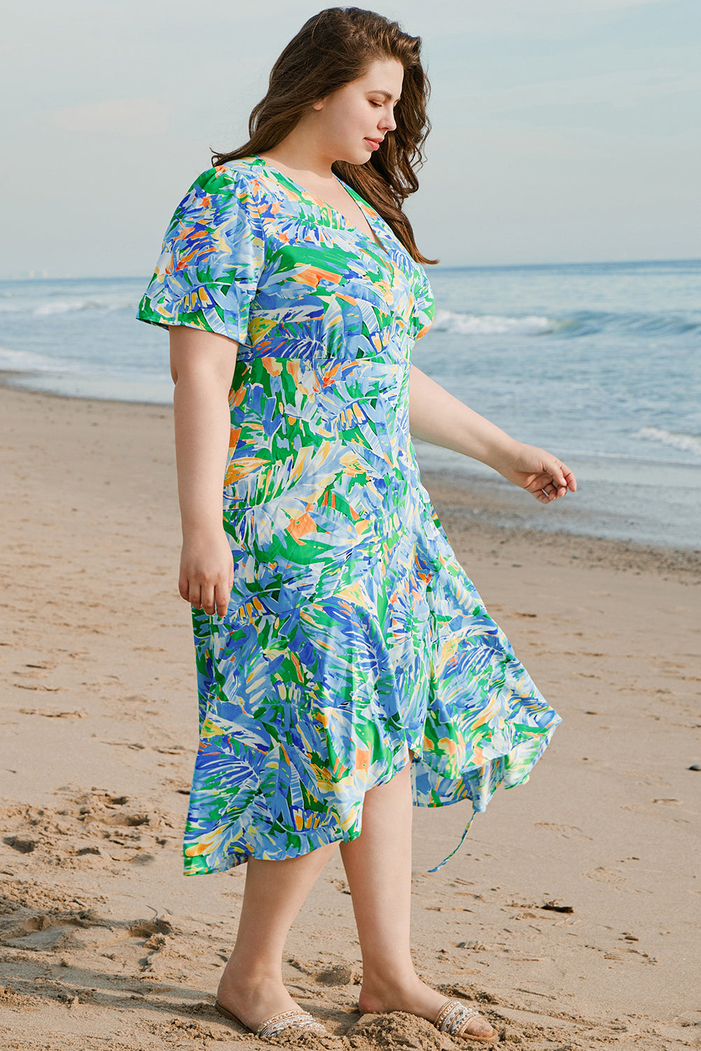 Green Leaves Print Short Sleeve Surplice Neck Ruffled Trim Plus Size Maxi Dress Plus Size Maxi Dresses JT's Designer Fashion