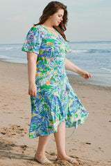 Green Leaves Print Short Sleeve Surplice Neck Ruffled Trim Plus Size Maxi Dress Plus Size Maxi Dresses JT's Designer Fashion