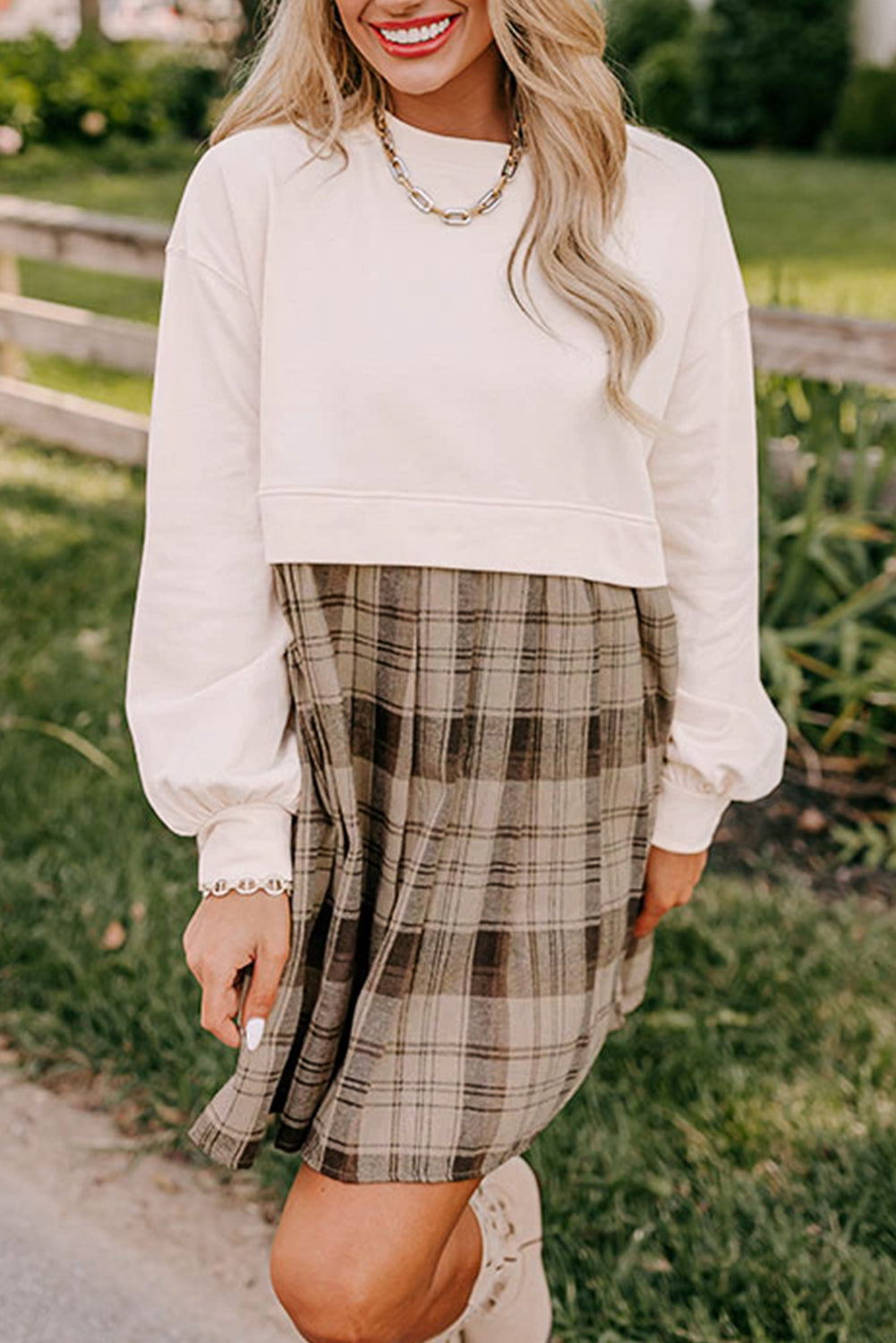 Beige Plaid Patchwork High Waist Sweatshirt Mini Dress Mini Dresses JT's Designer Fashion