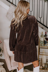 Dark Brown Textured Velvet V Neck Shift Dress Mini Dresses JT's Designer Fashion