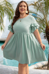Grass Green Ruffle Trim Short Sleeve Plus Size Flared Mini Dress Plus Size Mini Dresses JT's Designer Fashion