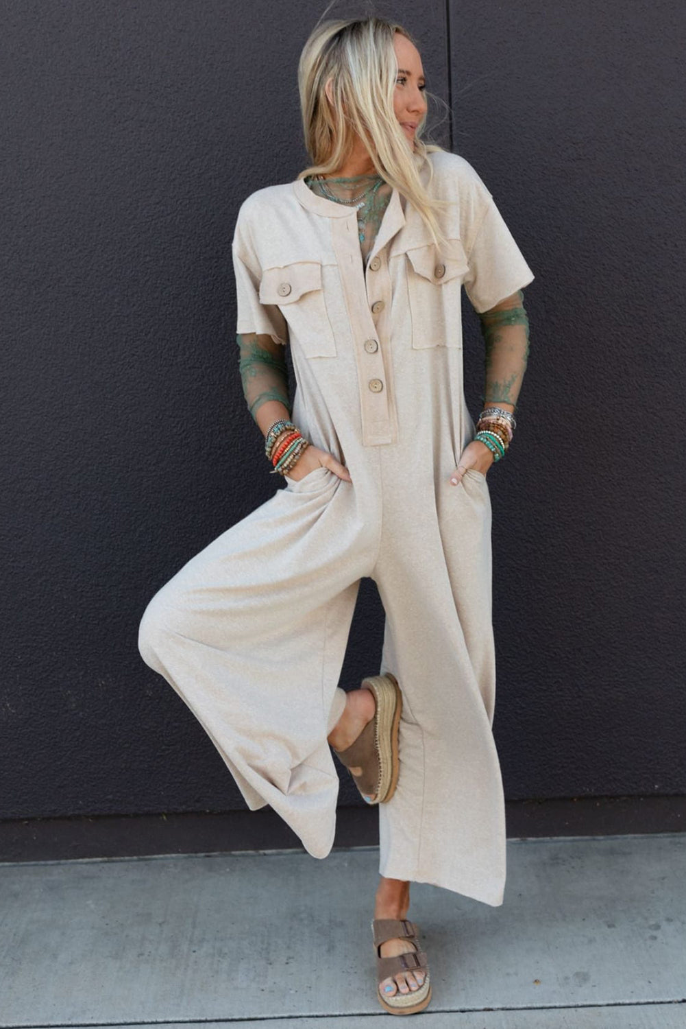 Jet Stream Half Placket Chest Pockets Short Sleeve Wide Leg Jumpsuit Bottoms JT's Designer Fashion