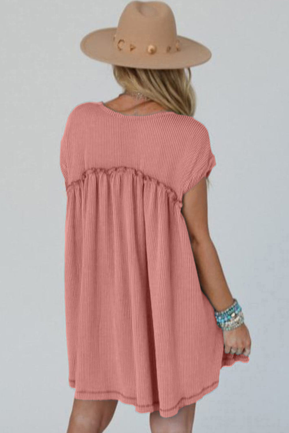 Dusty Pink Corded Knit Textured Patched Pocket Frilled Swing Mini Dress with Pockets Mini Dresses JT's Designer Fashion