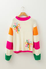 Beige Colorblock Flower Print Cable Knit Loose Sweater Sweaters JT's Designer Fashion