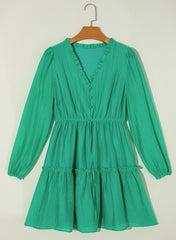 Sea Green Frilly V Neck Puff Sleeve Drawstring Shift Mini Dress Mini Dresses JT's Designer Fashion