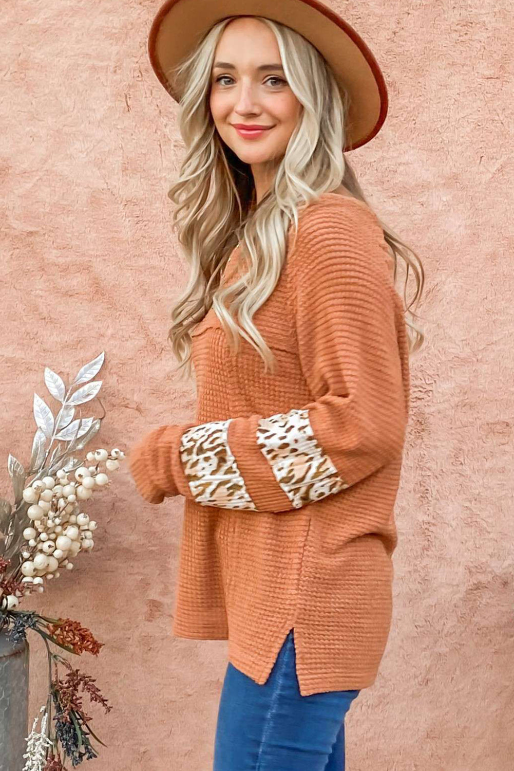 Apricot Leopard Splicing Exposed Seam Waffle Knit Top Long Sleeve Tops JT's Designer Fashion