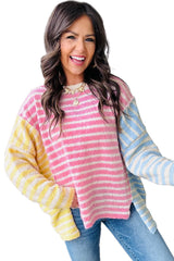 Multicolour Color Block Striped Patchwork Dolman Sleeve Slit Sweater Sweaters JT's Designer Fashion