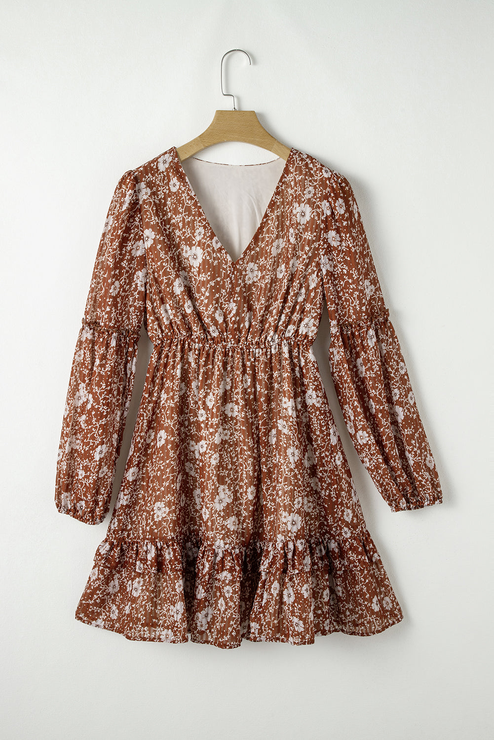 Brown Boho Floral Ruffled Puff Sleeve V Neck Mini Dress Floral Dresses JT's Designer Fashion