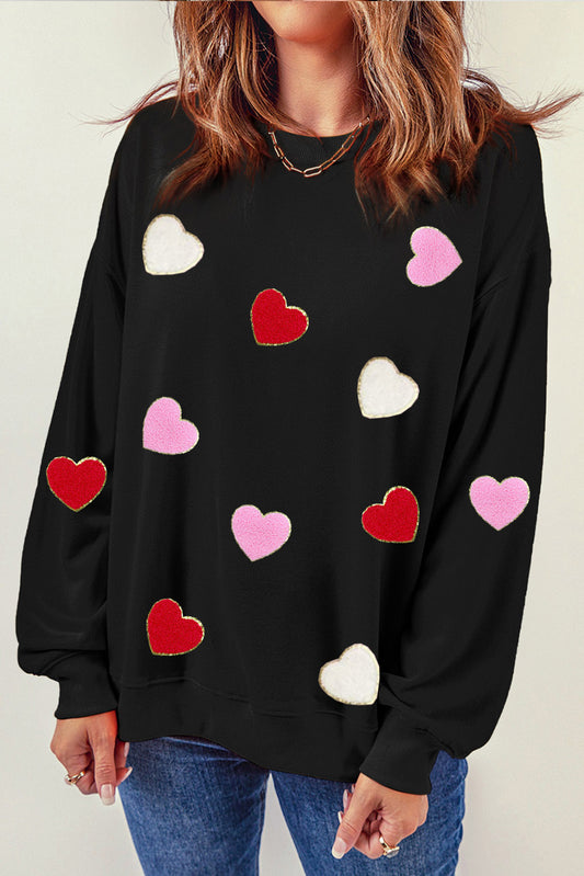 Black Heart Shaped Chenille Embroidered Crew Neck Sweatshirt Black 70%Polyester+30%Cotton Graphic Sweatshirts JT's Designer Fashion