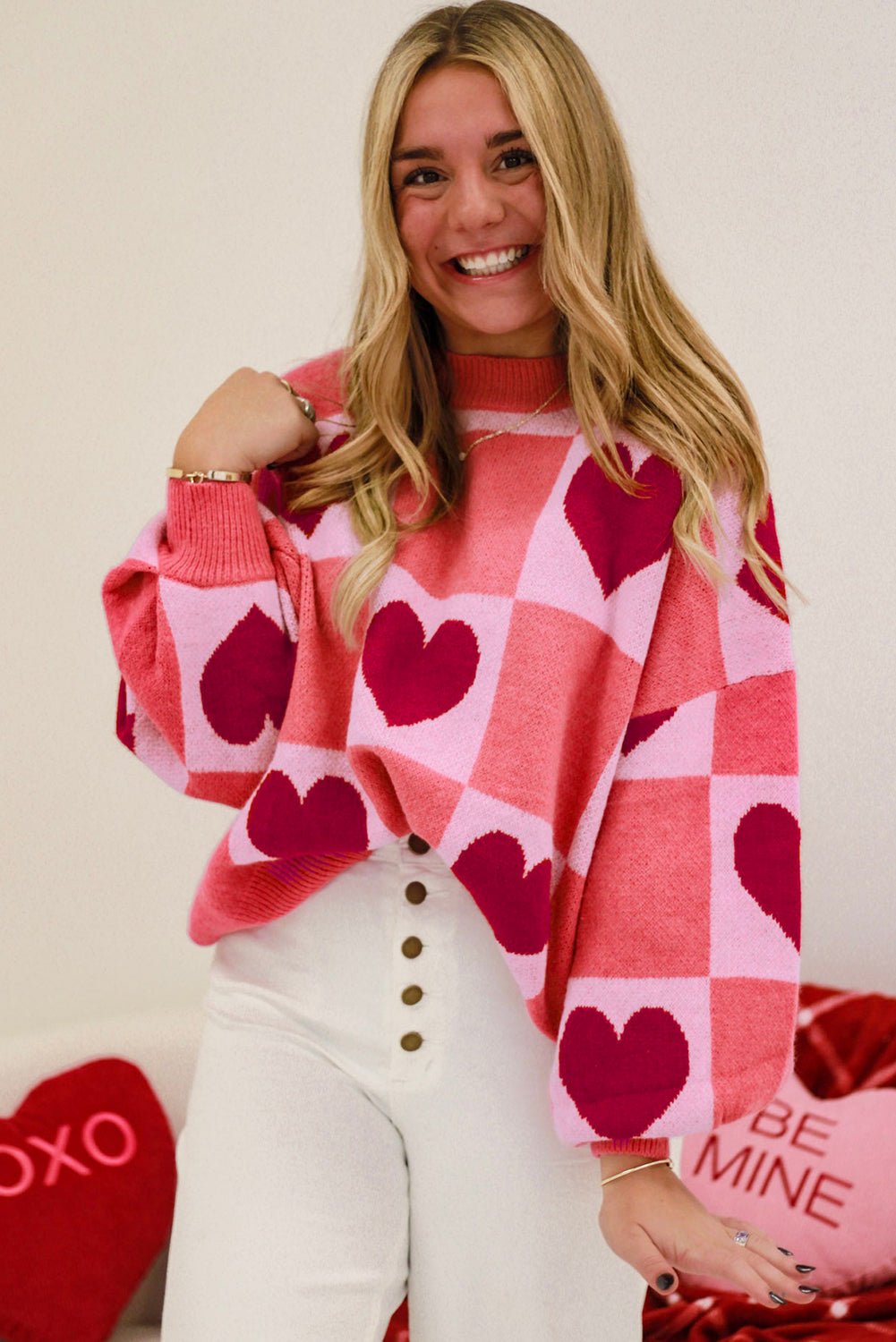 Pink Plus Size Love Heart Block Mock Neck Lantern Sleeve Valentine Sweater Plus Size Sweaters & Cardigans JT's Designer Fashion