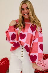 Pink Plus Size Love Heart Block Mock Neck Lantern Sleeve Valentine Sweater Plus Size Sweaters & Cardigans JT's Designer Fashion