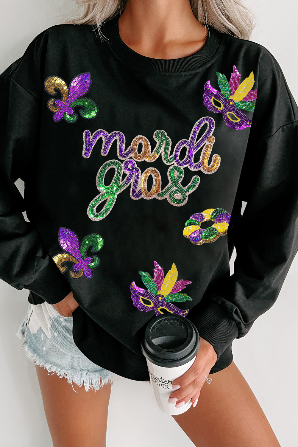 Black Sequin mardi gras Fleur de Lis Graphic Pullover Sweatshirt Graphic Sweatshirts JT's Designer Fashion